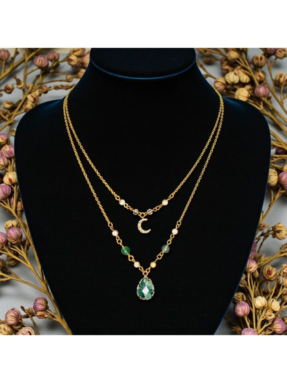 Whimsical Boho Layered Necklace with Crescent Moon and Teardrop Apatite Gemstone